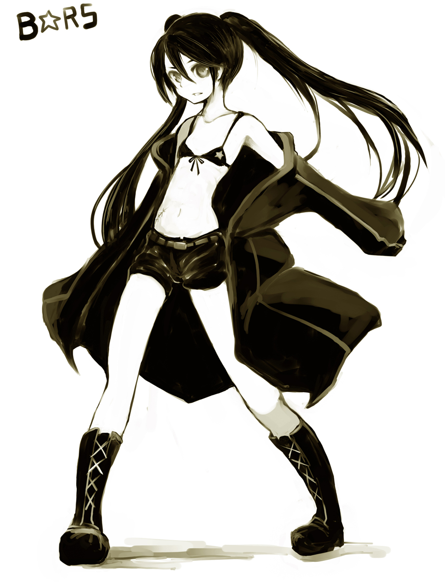 tansuke, black rock shooter (character), black rock shooter, vocaloid, 10s, 1girl, bikini, bikini top only, black boots, black hair, boots, colored skin, female focus, flat chest, full body, jacket, midriff, monochrome, scar, shorts, solo, star (symbol), swimsuit, twintails, white skin