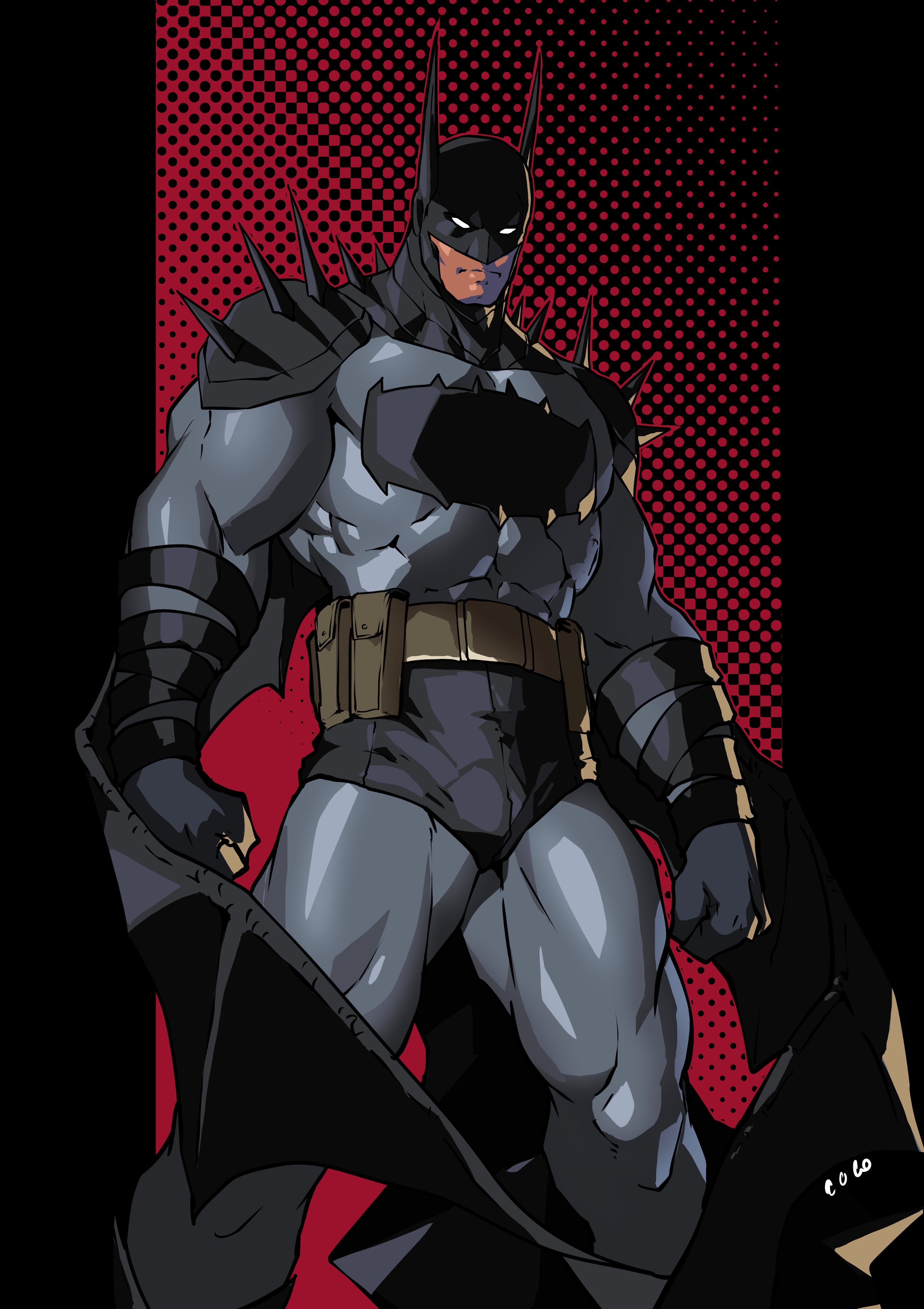 cody conyers (stellaravenger), batman, absolute batman, absolute dc, dc comics, absurdres, commentary, english commentary, highres, 1boy, animal ears, animal print, bara, bat ears, bat print, belt, black cape, black gloves, black mask, black panties, bodysuit, bulge, cape, clenched hands, covered abs, feet out of frame, gloves, grey belt, grey bodysuit, large pectorals, looking at viewer, male focus, manly, muscular, muscular male, panties, pectorals, solo, spikes, superhero costume, thick thighs, thighs, underwear, utility belt, white eyes