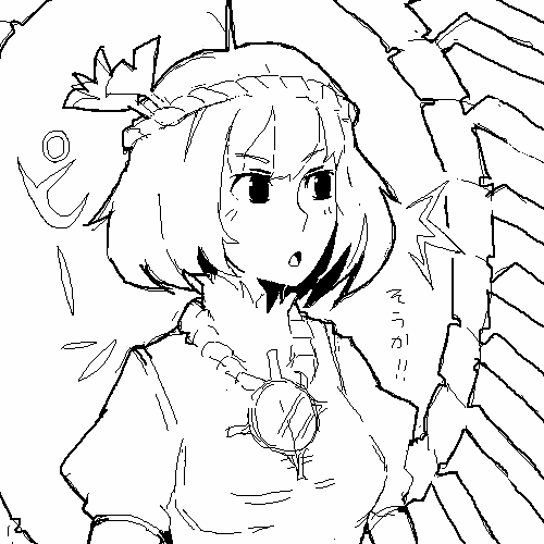 yasaka kanako, touhou, lowres, 1girl, ^^^, female focus, greyscale, hair ornament, leaf hair ornament, monochrome, sketch, solo