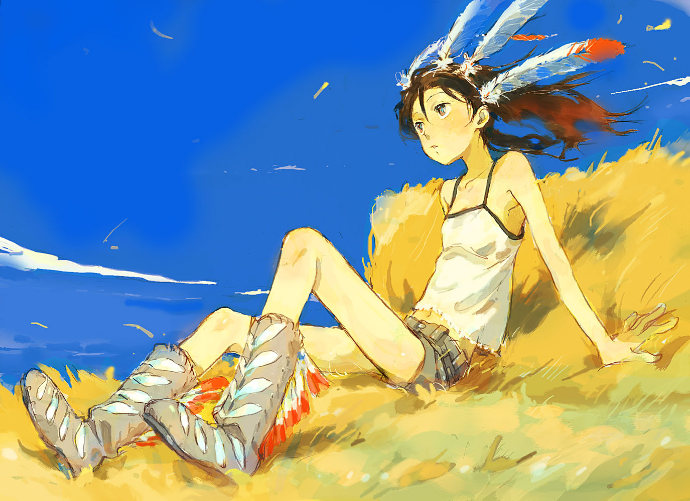 kiikanna, bad id, bad pixiv id, 1girl, animal ears, boots, brown eyes, brown hair, camisole, cloud, day, denim, denim shorts, feathers, female focus, headband, navel, shorts, singlet, sitting, sky, solo