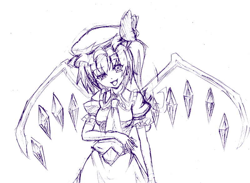h-new, flandre scarlet, touhou, traditional media, 1girl, ascot, female focus, hat, head tilt, monochrome, purple theme, raised eyebrow, short hair, side ponytail, sketch, solo, tongue, wings