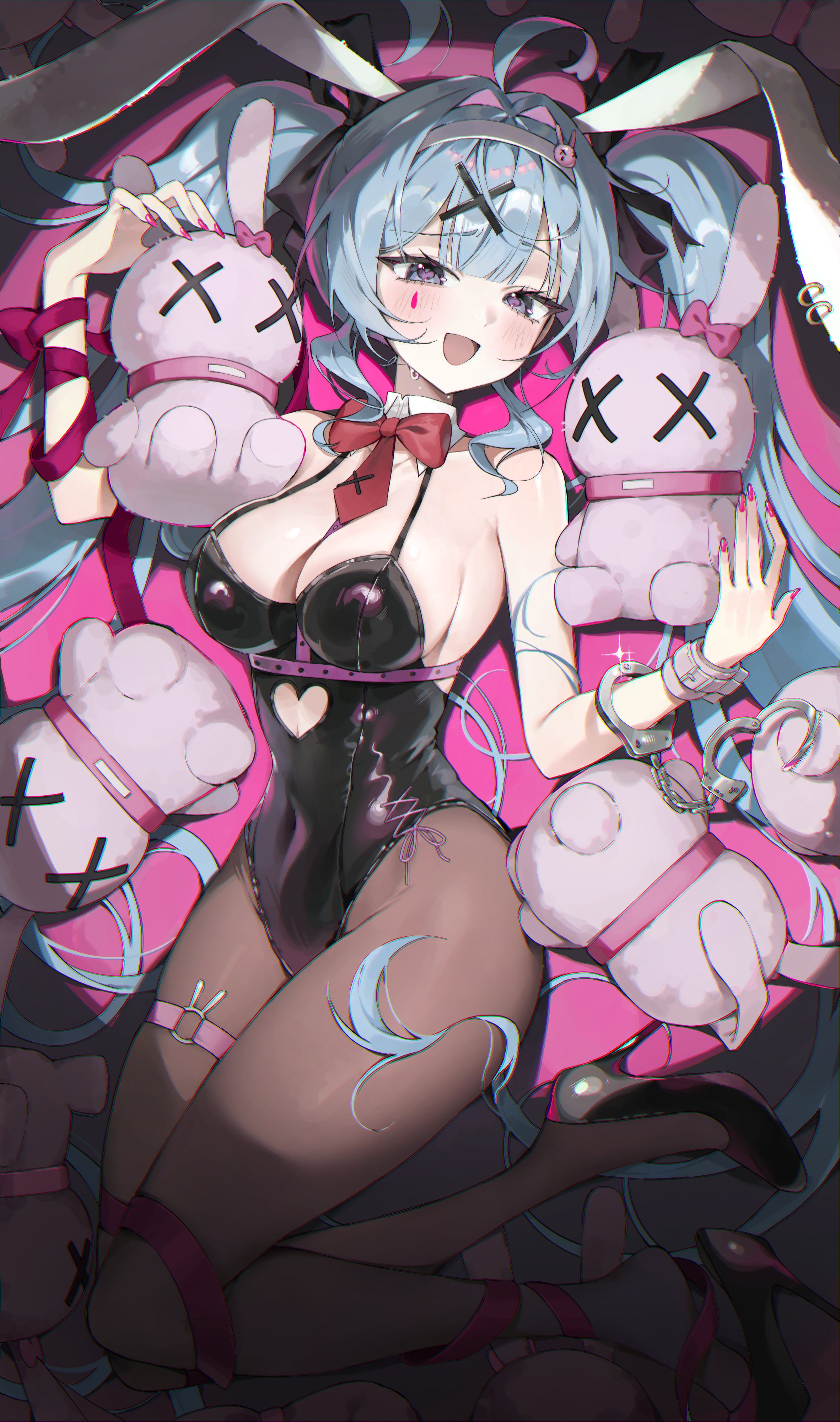 chama (chacoc0), hatsune miku, rabbit hole (vocaloid), vocaloid, absurdres, commentary, highres, 1girl, ahoge, animal ear hairband, animal ears, bare shoulders, between breasts, black leotard, black shoes, blue eyes, blue hair, blush, bound, bound legs, bound wrists, breasts, center-flap bangs, chest strap, cleavage, clothing cutout, covered groin, cuffs, cutout above navel, detached collar, fake animal ears, hair intakes, hair ornament, hair ribbon, hairband, handcuffs, high heels, large breasts, leotard, long hair, looking at viewer, lying, necktie, o-ring, o-ring thigh strap, on back, open mouth, pantyhose, pink necktie, pink ribbon, playboy bunny, rabbit ear hairband, rabbit ears, red nails, ribbon, shoes, short necktie, single wrist cuff, smile, solo, spotlight, stuffed animal, stuffed rabbit, stuffed toy, sweat, teardrop facial mark, thigh strap, twintails, very long hair, white hairband, wrist cuffs, x hair ornament, x x
