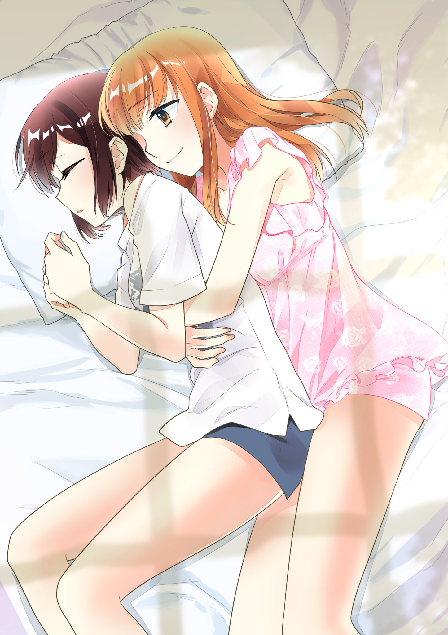 ooshima tomo, original, commentary request, highres, 2girls, armpit crease, blue shorts, breasts, brown hair, camisole, closed eyes, closed mouth, cuddling, floral print, frilled camisole, frills, hands up, head on pillow, hug, hug from behind, long hair, lying, multiple girls, off shoulder, on bed, on side, parted lips, pillow, pink camisole, pink shorts, print camisole, print shirt, print shorts, shirt, short hair, short shorts, shorts, sideways mouth, sleeping, smile, white shirt, window shadow, yuri