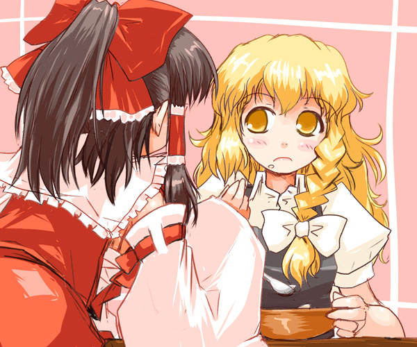 kanoe soushi, hakurei reimu, kirisame marisa, touhou, 2girls, back, blonde hair, blouse, braid, brown hair, female focus, food, food on face, multiple girls, shirt, side braid, skirt, white shirt, yellow eyes