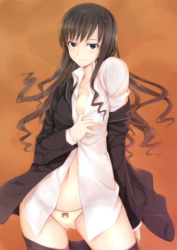 mikazuki akira!, morishima haruka, amagami, 1girl, animal print, bear panties, bear print, black hair, female focus, hairband, long hair, looking at viewer, naughty face, navel, open clothes, open shirt, orange background, panties, pleated skirt, print panties, school uniform, shirt, simple background, skirt, smile, solo, underwear, undressing