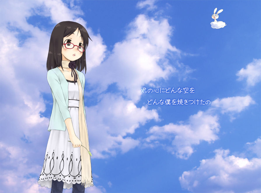 rojou, bad id, bad pixiv id, brown eyes, brown hair, cloud, day, flower, glasses, rabbit, sky, solo