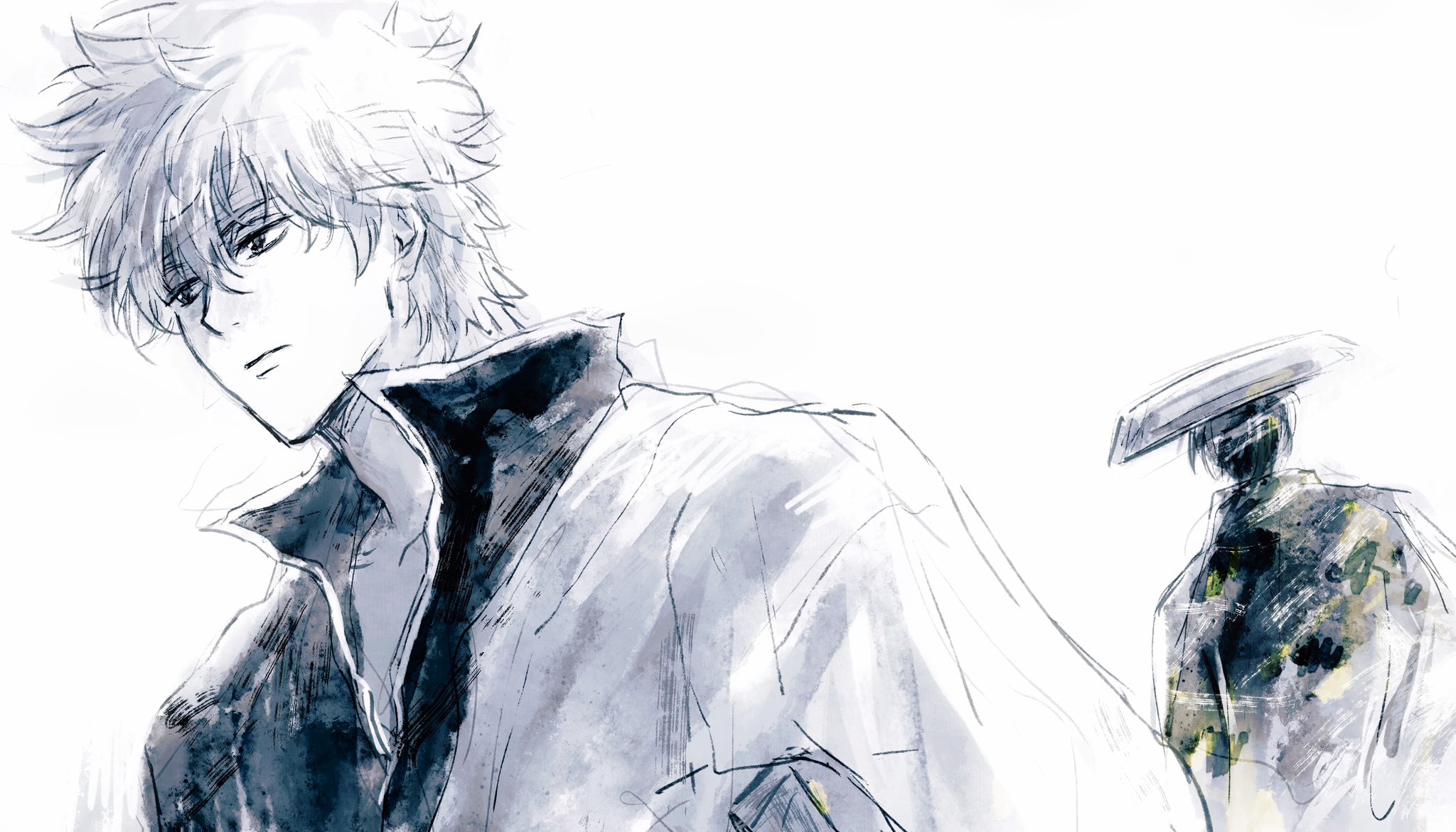 lushu kuye, sakata gintoki, gintama, character request, commentary request, highres, 2boys, black hair, closed mouth, greyscale, hadanugi dousa, hat, japanese clothes, kimono, long sleeves, male focus, messy hair, monochrome, multiple boys, open clothes, open kimono, popped collar, rice hat, shirt, straw hat, upper body, white background, white hair