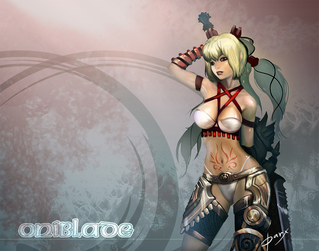 ayumi (x-blades), x-blades, blonde hair, dark-skinned female, dark skin, long hair, panties, quad tails, solo, tri tails, underwear