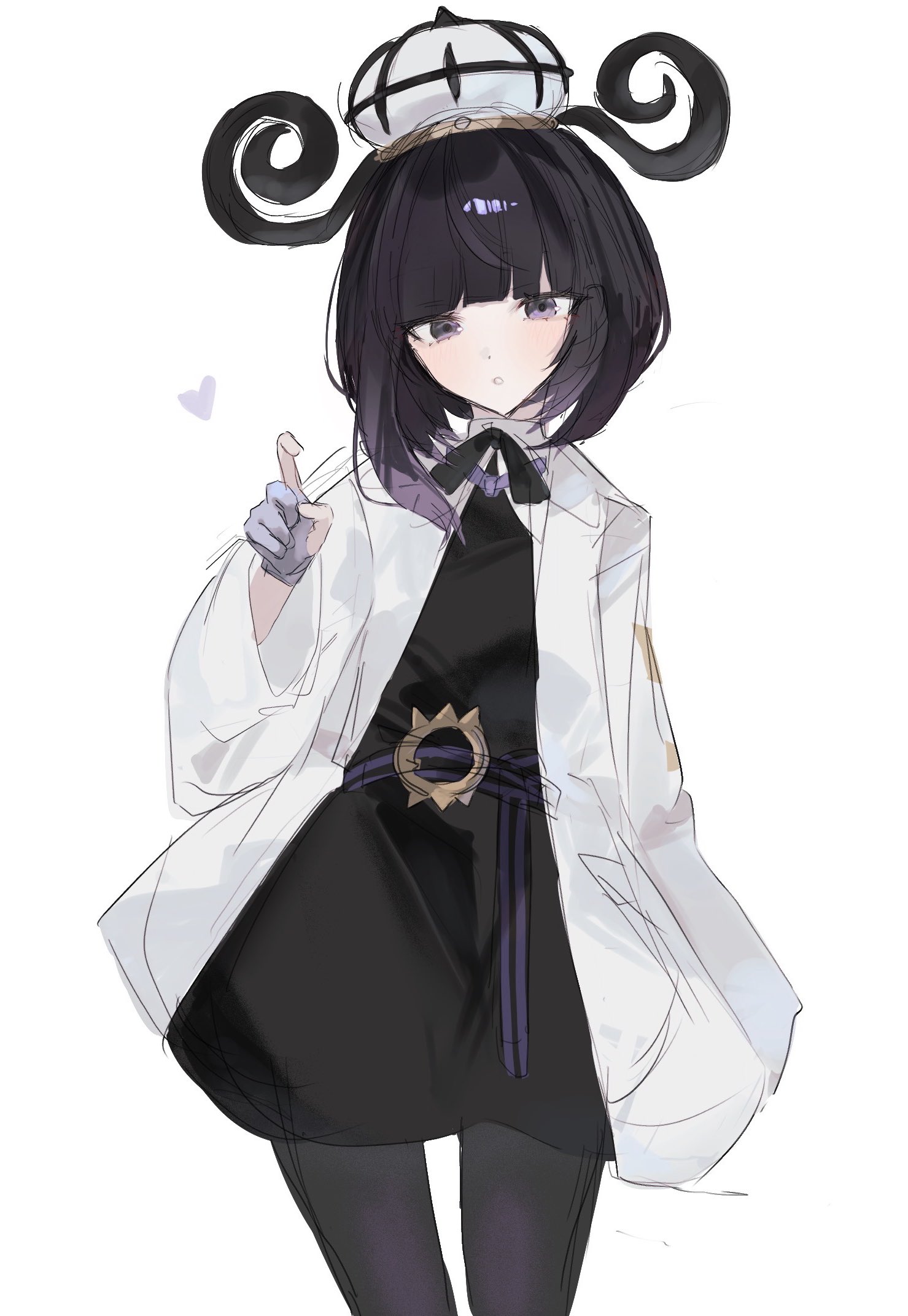 gwynn (pokemon), nintendo, pokemon, pokemon legends: z-a, highres, 1girl, :o, belt, belt buckle, black dress, black hair, black pantyhose, blunt bangs, bob cut, buckle, coat, cowboy shot, dress, gloves, hat, heart, ikuto 191o, long sleeves, looking at viewer, o-ring, o-ring belt, open clothes, open coat, open mouth, pantyhose, partially fingerless gloves, purple eyes, short hair, solo, white background, white coat
