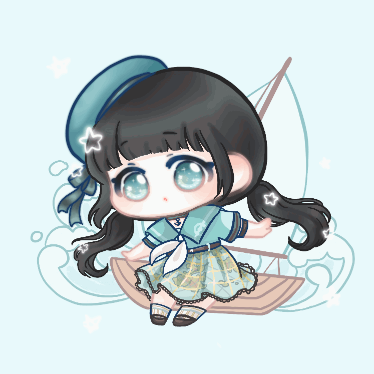xiaoyu qixing, nikki (series), shining nikki, animated, animated gif, chinese commentary, commentary request, looping animation, 1girl, :o, anchor choker, ankle socks, aqua eyes, aqua hat, aqua sailor collar, aqua shirt, aqua skirt, armband, belt, belt buckle, beret, black hair, blue background, blunt bangs, boat, brown belt, brown shoes, buckle, chibi, choker, collared shirt, colored eyelashes, curious, grey armband, grey choker, grey ribbon, hat, hat ribbon, high-waist skirt, lace-trimmed sleeves, lace trim, light blush, long hair, looking at viewer, low twintails, map print, neckerchief, parted lips, plaid clothes, plaid skirt, pleated skirt, print skirt, ribbon, sailboat, sailor, sailor collar, sailor hat, shirt, shoes, short sleeves, skirt, socks, solo, sparkle, star (symbol), striped clothes, striped socks, tareme, tune of breeze (shining nikki), twintails, vertical-striped clothes, vertical-striped socks, watercraft, waves, wavy hair, white neckerchief, white socks