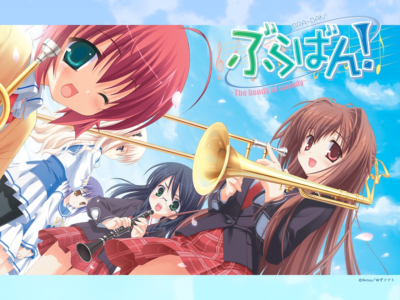 kobuichi, muririn, ebihara minase, hibarigaoka yuki, imamiya noriko, mikage sumi, nakanoshima tae, bra-ban!, 5girls, ahoge, aqua eyes, black hair, blonde hair, blue hair, blush, brown eyes, brown hair, clarinet, copyright logo, dutch angle, fang, glasses, green eyes, instrument, logo, long hair, multiple girls, one eye closed, open mouth, pantyhose, petals, pink eyes, plaid clothes, plaid skirt, purple eyes, purple hair, red hair, school uniform, short hair, skirt, trombone, trumpet, white hair, wink