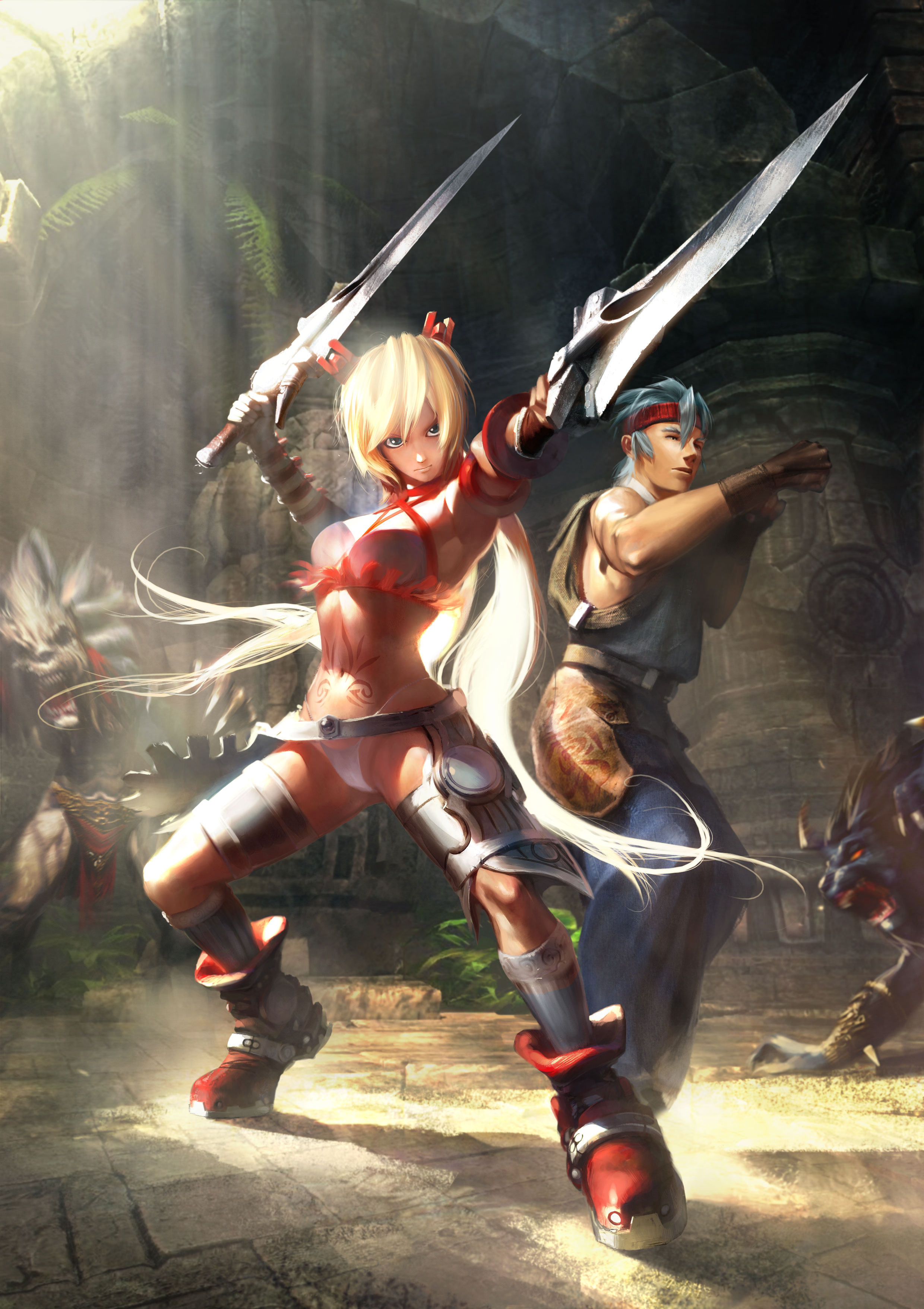 ayumi (x-blades), jay (x-blades), x-blades, absurdres, highres, 1boy, 1girl, blonde hair, blue eyes, dark skin, fighting stance, gunblade, long hair, panties, quad tails, tri tails, underwear, weapon