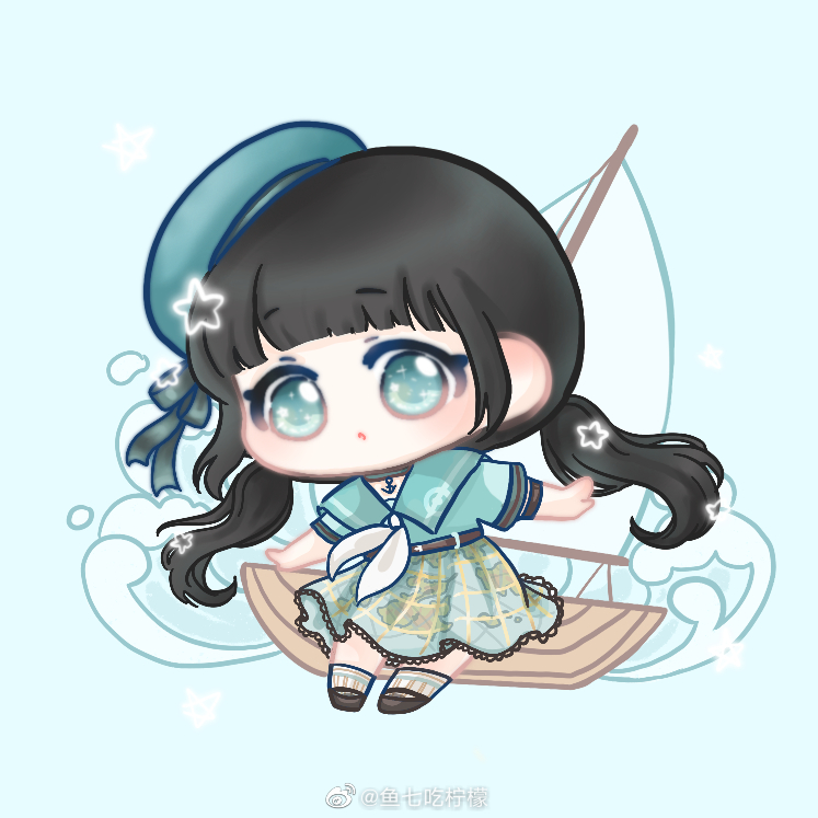 xiaoyu qixing, nikki (series), shining nikki, chinese commentary, commentary request, 1girl, :o, anchor choker, ankle socks, aqua eyes, aqua hat, aqua sailor collar, aqua shirt, aqua skirt, armband, belt, belt buckle, beret, black hair, blue background, blunt bangs, boat, brown belt, brown shoes, buckle, chibi, choker, collared shirt, colored eyelashes, curious, grey armband, grey choker, grey ribbon, hat, hat ribbon, high-waist skirt, lace-trimmed sleeves, lace trim, light blush, long hair, looking at viewer, low twintails, map print, neckerchief, parted lips, plaid clothes, plaid skirt, pleated skirt, print skirt, ribbon, sailboat, sailor, sailor collar, sailor hat, shirt, shoes, short sleeves, skirt, socks, solo, sparkle, star (symbol), striped clothes, striped socks, tareme, tune of breeze (shining nikki), twintails, vertical-striped clothes, vertical-striped socks, watercraft, watermark, waves, wavy hair, weibo watermark, white neckerchief, white socks