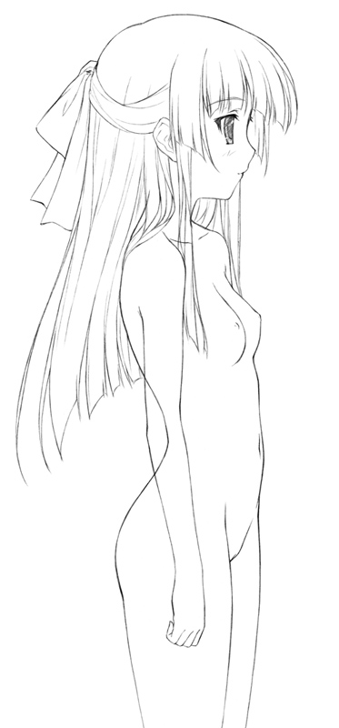 original, blunt bangs, flat chest, greyscale, hime cut, lineart, long hair, monochrome, nude, solo