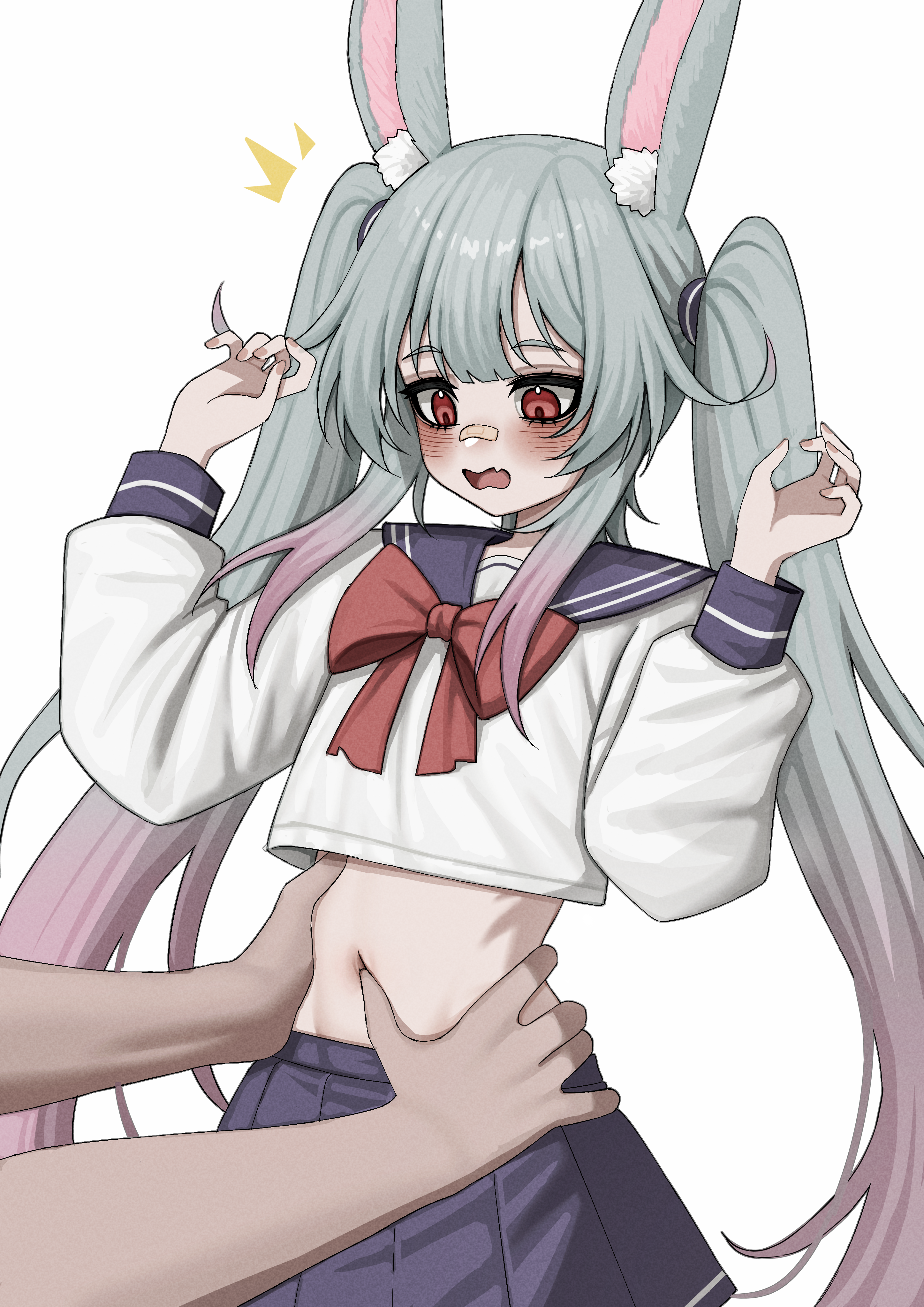lobsteranian, indie virtual youtuber, absurdres, highres, 1girl, animal ears, bandaid, bandaid on face, bandaid on nose, blush, bow, gradient hair, grey hair, long hair, long sleeves, multicolored hair, navel, rabbit ears, red bow, red eyes, sailor collar, school uniform, skirt, solo focus, twintails