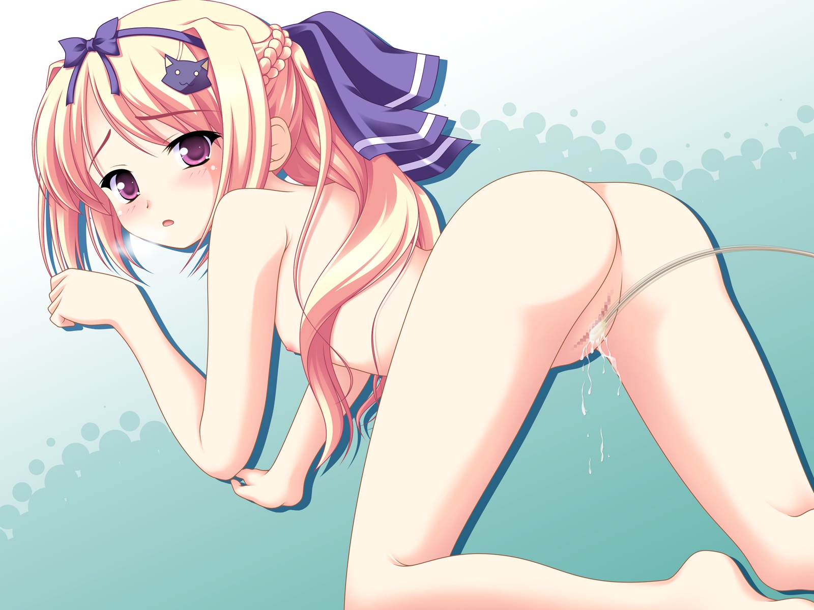 kakesu, lulli, sakura strasse, highres, third-party edit, 1girl, blonde hair, blush, cat hair ornament, censored, female focus, flat chest, hair ornament, hair ribbon, loli, long hair, nude, purple eyes, pussy, pussy juice, ribbon, solo
