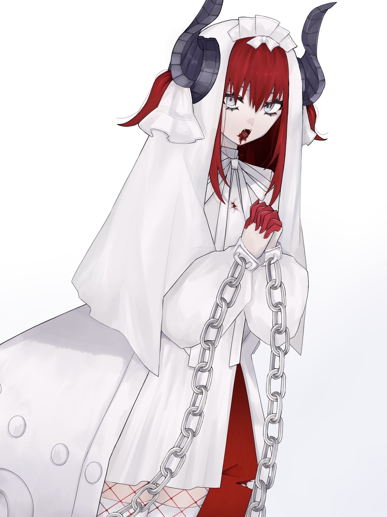 elizabeth bathory (fate), fate/grand order, fate (series), highres, ibispaint (medium), 1girl, black horns, blood, blood from mouth, blood on clothes, blue eyes, chain, cowboy shot, cuffs, curled horns, dragon girl, dragon horns, dress, elizabeth bathory (avenger) (fate), fangs, finger cots, fishnet pantyhose, fishnets, hair through headwear, hands up, horns, horns through headwear, interlocked fingers, iron maiden, koneko 185, long eyelashes, long sleeves, looking at viewer, open mouth, own hands clasped, own hands together, pantyhose, puffy long sleeves, puffy sleeves, red hair, shackles, short dress, sidelocks, simple background, solo, standing, thighhighs, two side up, veil, white background, white dress, white headdress, white pantyhose, white veil, zettai ryouiki