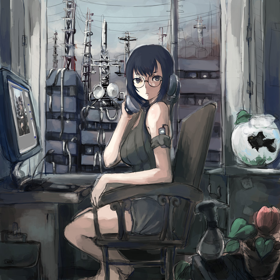 kasa (hitori sanka), original, 1girl, antennae, barefoot, breasts, chair, city, computer, computer keyboard, female focus, fish, fish tank, glasses, headphones, large breasts, monitor, on chair, recursion, sketch, solo