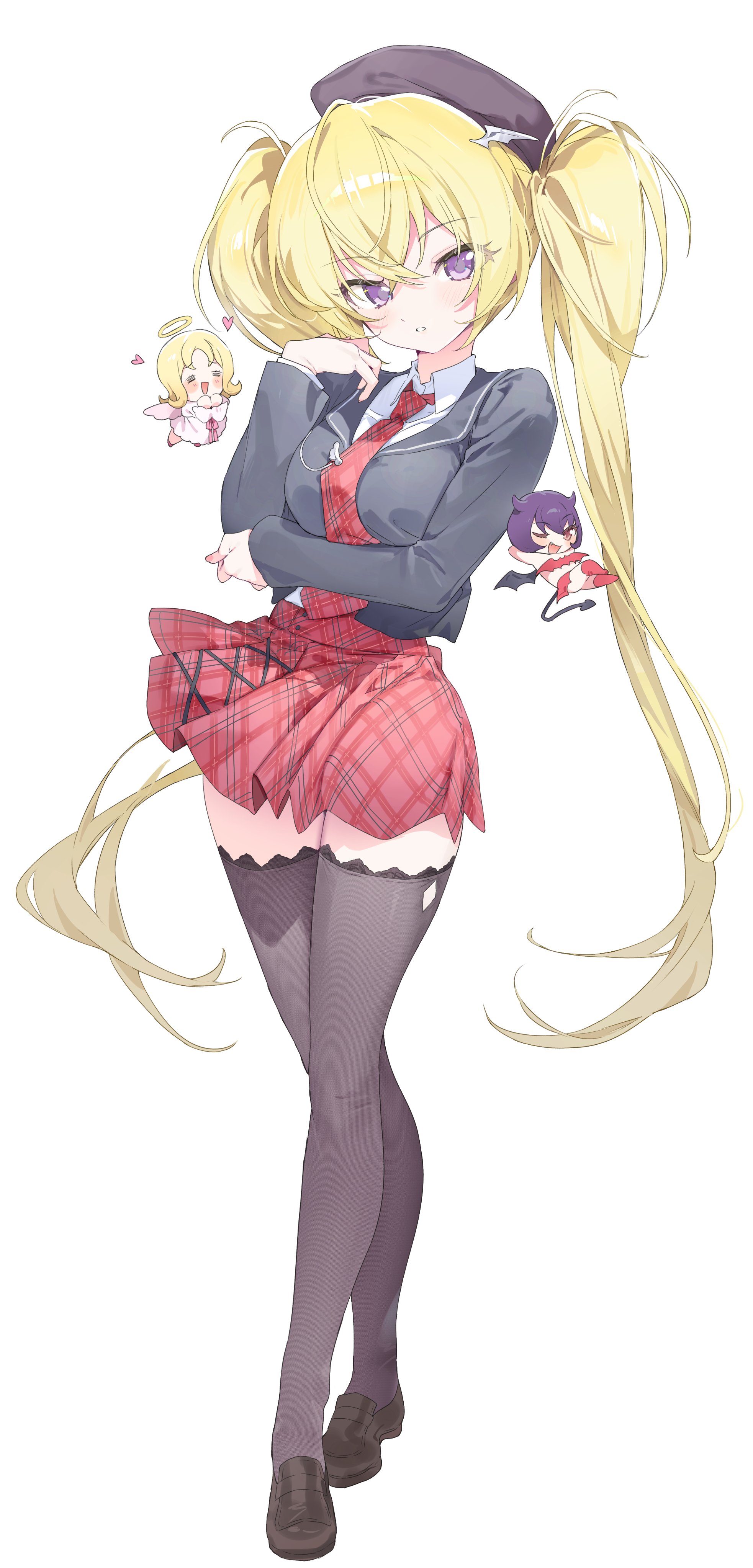 ochya868945, hoshina utau, shugo chara!, absurdres, commentary, highres, symbol-only commentary, 3girls, arm under breasts, beret, black hat, black shoes, black thighhighs, blonde hair, breasts, collared shirt, crossed bangs, fairy, full body, guardian chara, hair between eyes, hair horns, halo, hand up, hat, heart, large breasts, long bangs, long hair, long sleeves, looking at viewer, miniskirt, multiple girls, necktie, open mouth, parted lips, plaid clothes, plaid necktie, plaid skirt, pleated skirt, purple eyes, red necktie, school uniform, shirt, shoes, skirt, smile, solo focus, standing, thighhighs, traditional halo, twintails, very long hair, white shirt, wing collar, zettai ryouiki