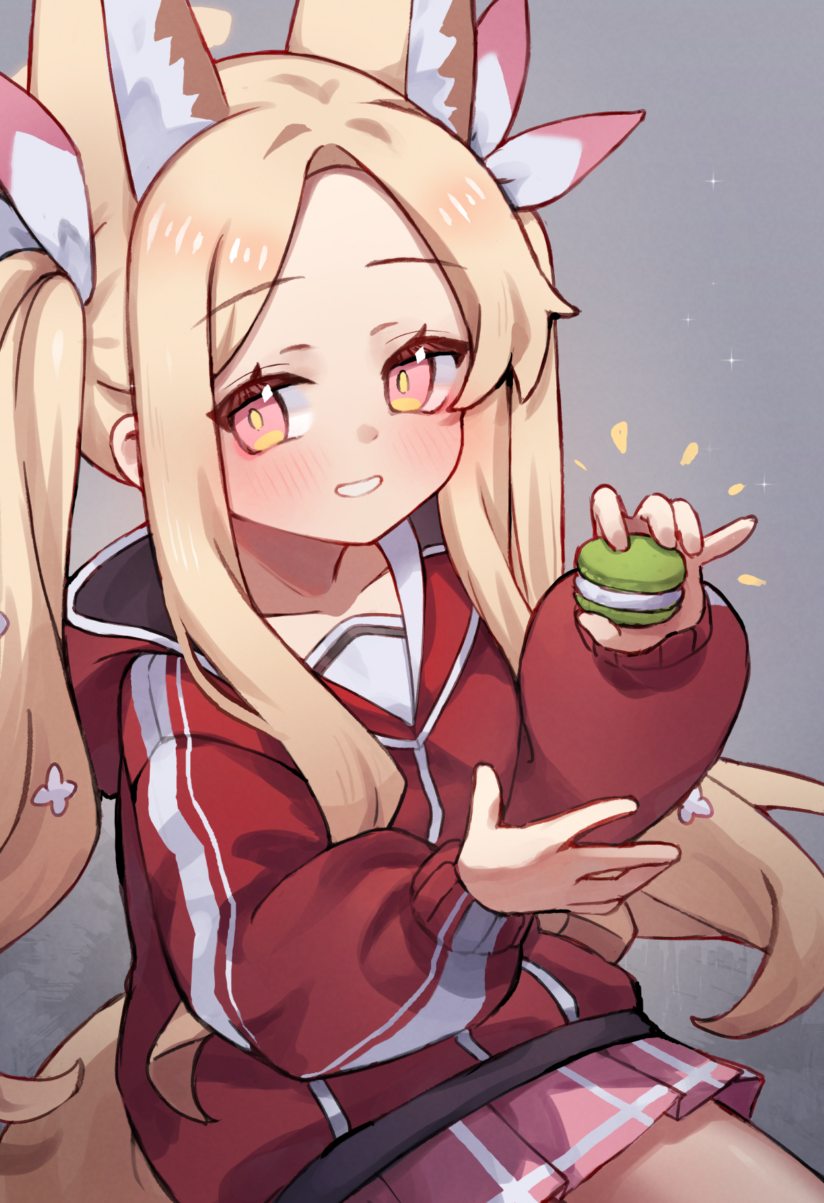 miya (miyaruta), seia (blue archive), yoshimi (blue archive), blue archive, highres, 1girl, animal ears, blonde hair, cosplay, food, fox ears, halo, jacket, long hair, macaron, pink skirt, red jacket, skirt, smile, solo, track jacket, twintails, yellow halo, yoshimi (blue archive) (cosplay)
