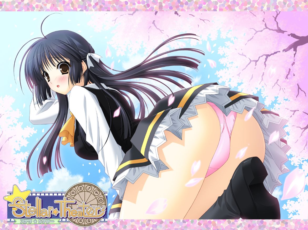 suzuhira hiro, himenomiya kaguya, stellar theater, 1girl, black hair, blush, brown eyes, cherry blossoms, copyright name, female focus, long hair, neckerchief, panties, pink panties, school uniform, sky, solo, underwear, yellow neckerchief