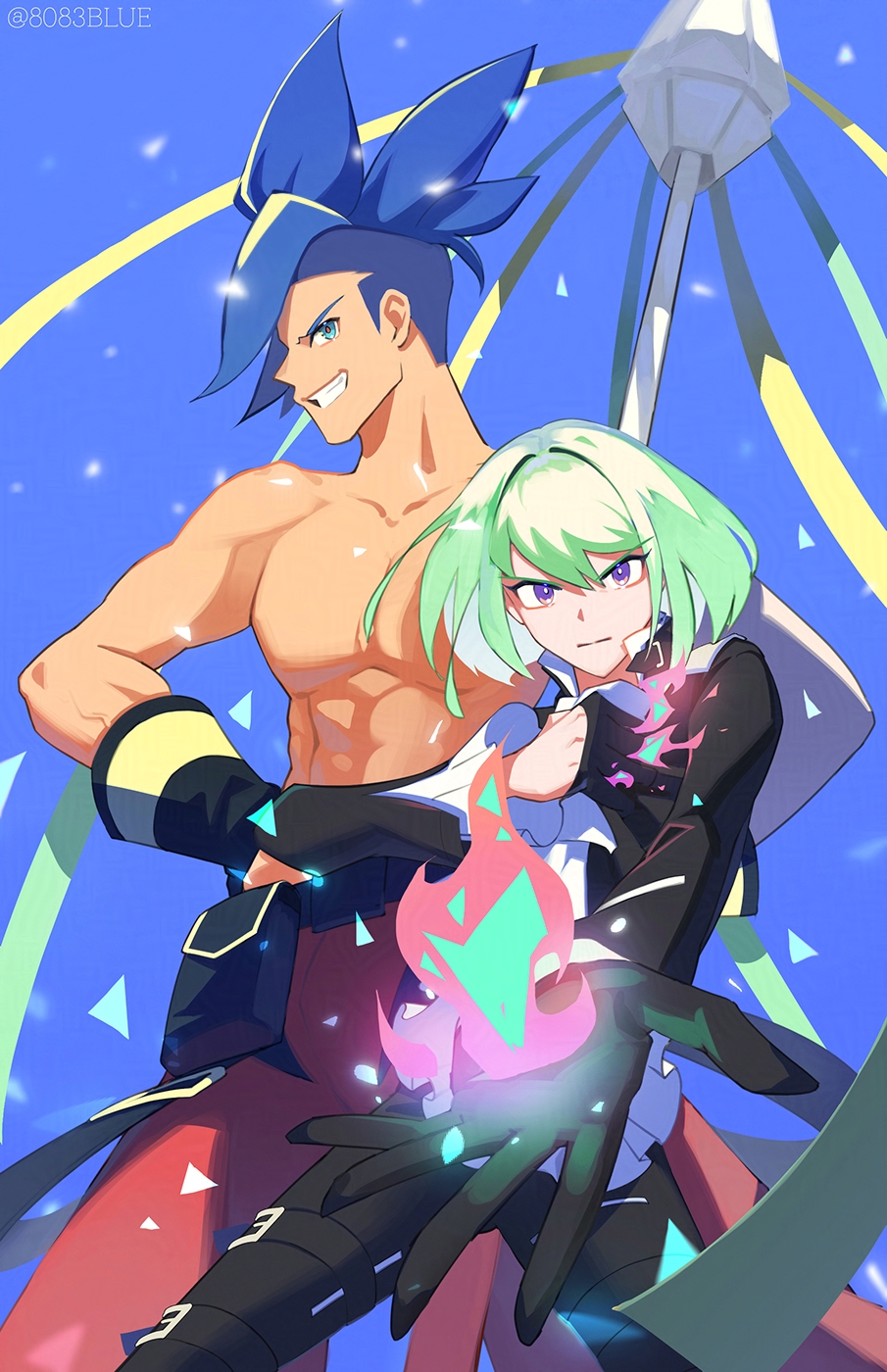 8083 blue, galo thymos, lio fotia, promare, commentary request, highres, 2boys, ascot, black jacket, blue background, blue eyes, blue hair, bright pupils, closed mouth, feet out of frame, fire, green hair, grin, jacket, matoi, multiple boys, outstretched arm, pants, pectorals, pink fire, purple eyes, red pants, red pupils, short hair, sideburns, smile, topless male, undercut, white ascot, white pupils