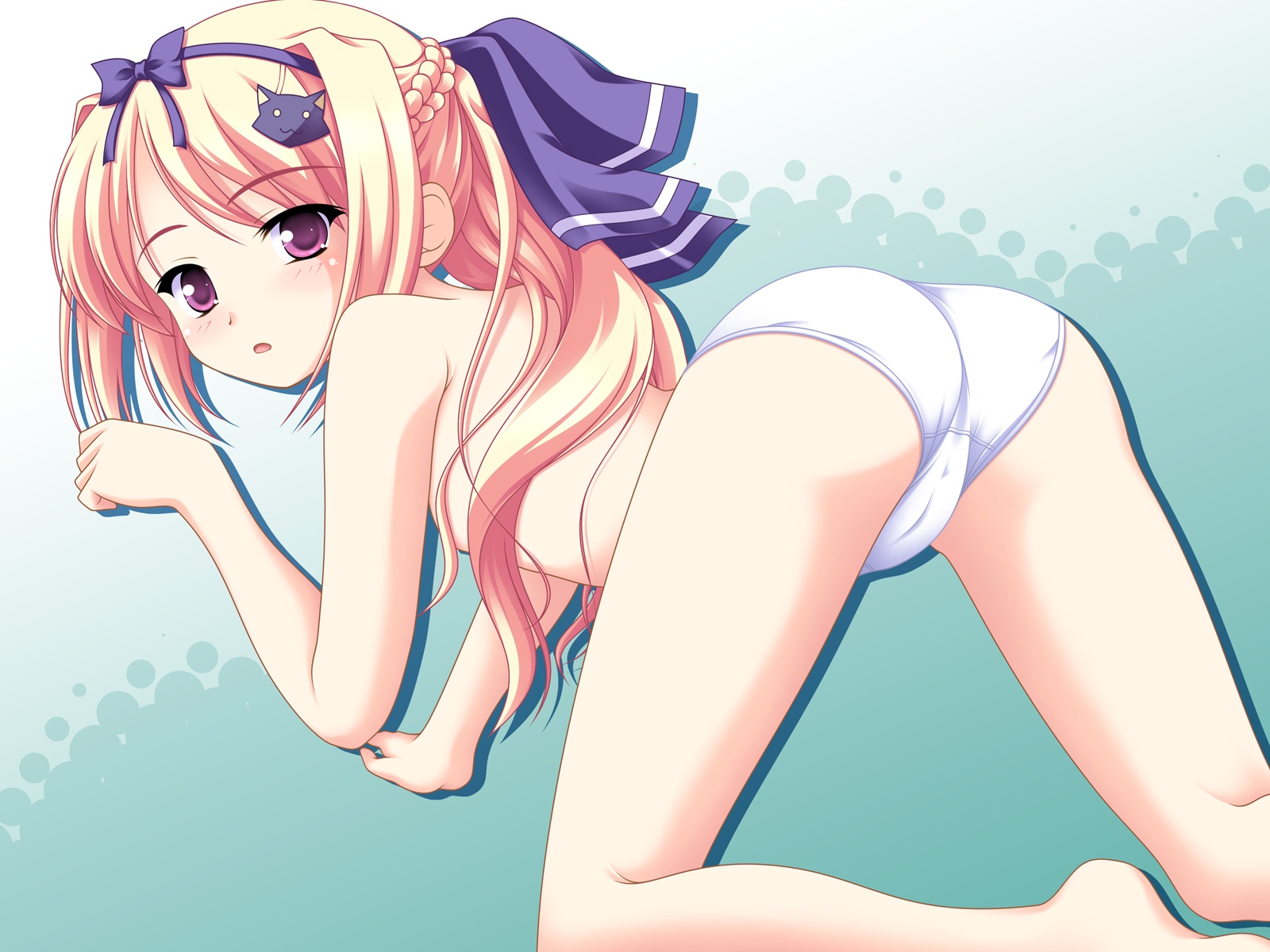 kakesu, lulli, sakura strasse, highres, 1girl, all fours, ass, barefoot, blonde hair, cat hair ornament, female focus, flat chest, hair ornament, hair ribbon, long hair, looking back, panties, purple eyes, ribbon, solo, topless female, underwear