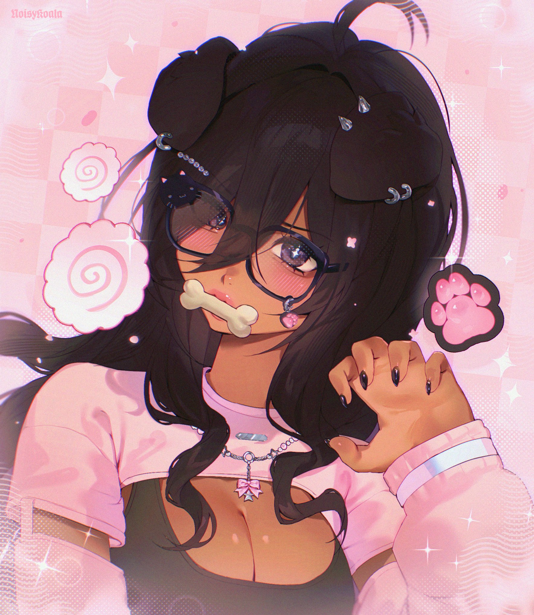 noisykoala, original, commentary, commission, english commentary, highres, 1girl, aegyo sal, ahoge, animal ear piercing, animal ears, artist name, black-framed eyewear, black nails, black tank top, blurry, bone in mouth, bow necklace, breasts, bright pupils, brown eyes, brown hair, checkered background, claw pose, cleavage, cross-shaped pupils, dark-skinned female, dark skin, depth of field, detached sleeves, dog ears, dog girl, double-parted bangs, eyelashes, eyes visible through hair, film grain, floating food, floppy ears, food, hair between eyes, hair ornament, hair over shoulder, hairclip, halftone, jewelry, kamaboko, light blush, long hair, looking at viewer, medium breasts, mouth hold, nail polish, narutomaki, necklace, paw print, paw print background, pearl necklace, petals, pink background, pink lips, pink shrug, pink sleeves, pink theme, portrait, short sleeves, shrug (clothing), sleeves past wrists, sparkle, spiked ear piercing, symbol-shaped pupils, tank top, thick lips, wavy ends, white pupils