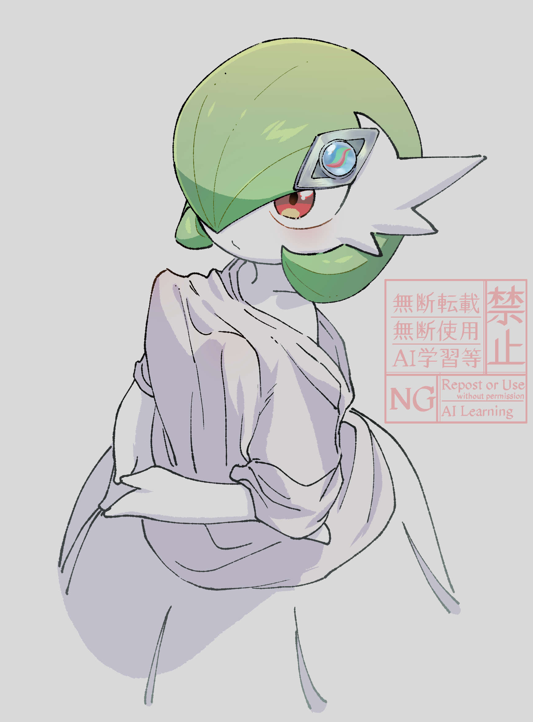 enienipo, gardevoir, mega gardevoir, nintendo, pokemon, pokemon (anime), poketoon, highres, jpeg artifacts, 1girl, blush, bob cut, closed mouth, clothed pokemon, collarbone, female focus, gen 3 pokemon, green hair, grey background, grey shirt, hair ornament, hair over one eye, looking afar, looking up, mega pokemon, mega stone, one eye covered, oversized clothes, oversized shirt, own hands together, pokemon (creature), red eyes, shirt, short hair, short sleeves, simple background, solo, standing, watermark, white shirt