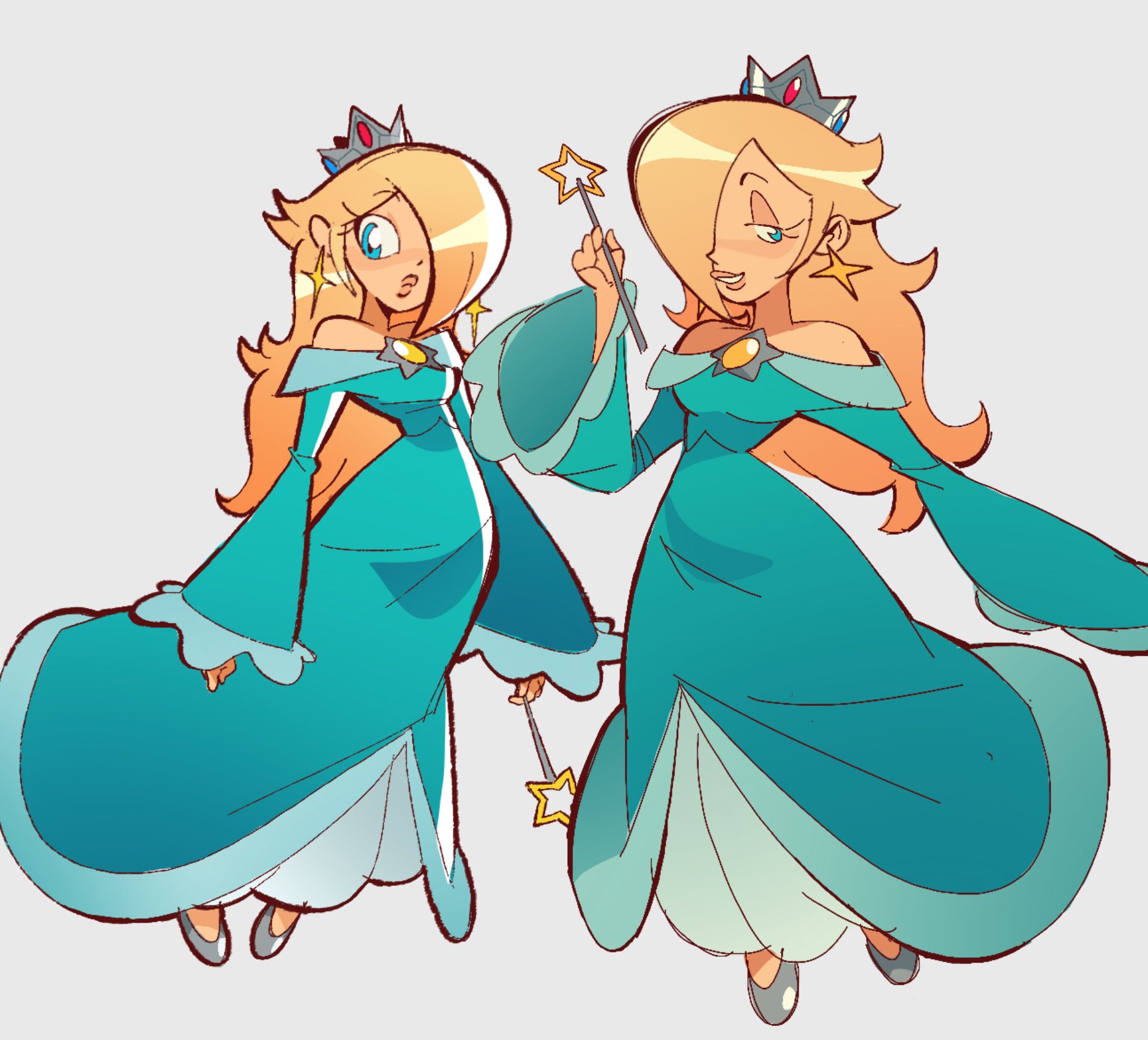 tuckeryart, rosalina, mario (series), nintendo, highres, aqua dress, blonde hair, blue hair, dress, earrings, hair over one eye, half-closed eyes, jewelry, long hair, off-shoulder dress, off shoulder, star (symbol), star earrings, wand, wide sleeves