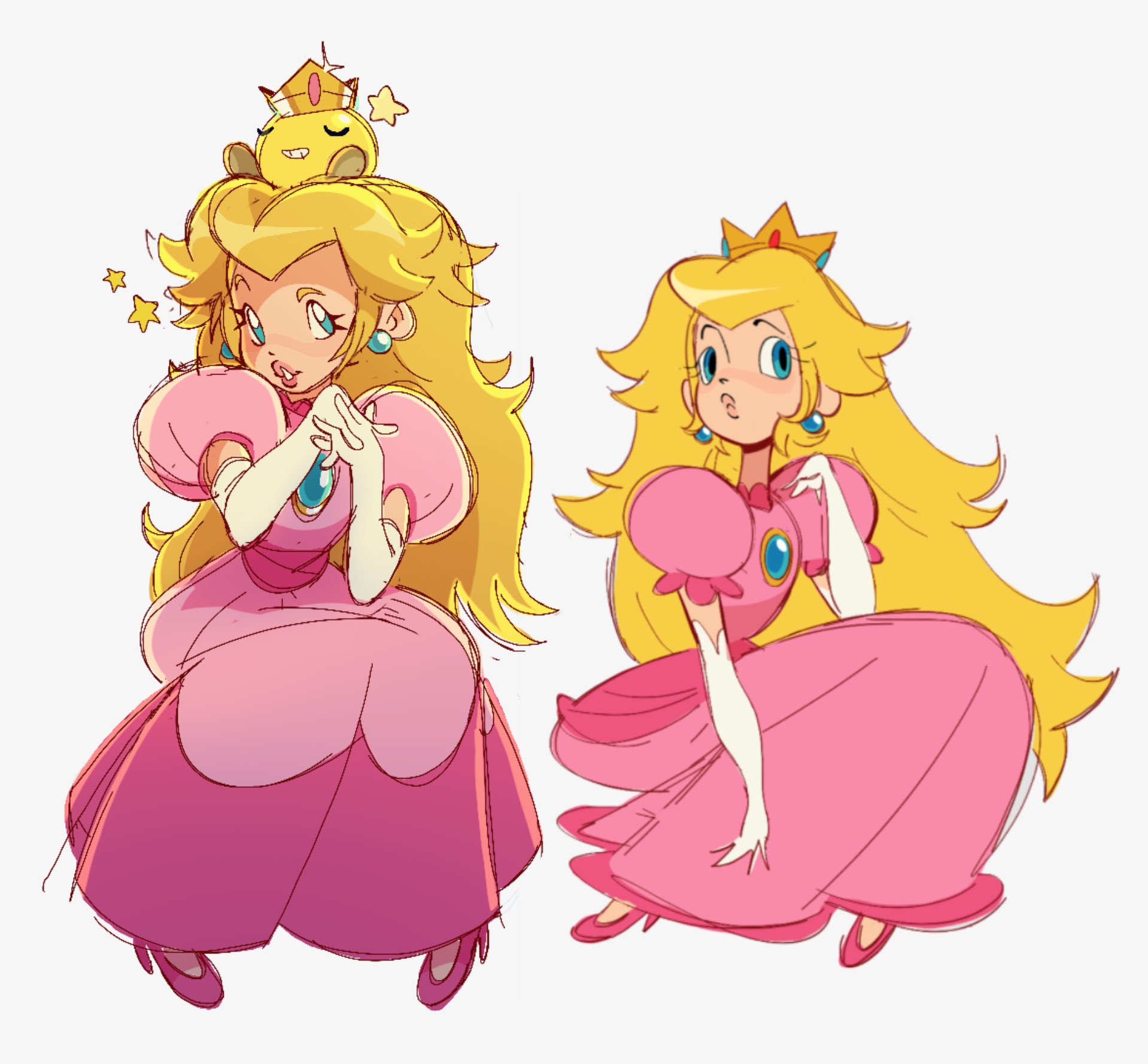 tuckeryart, princess peach, mario (series), nintendo, highres, blonde hair, blue eyes, crown, dress, earrings, elbow gloves, gloves, jewelry, long hair, pink dress, sitting