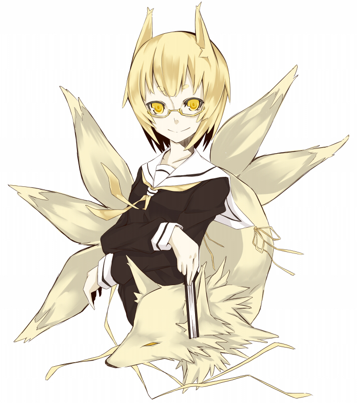 sasaki kouhei, yakumo ran, touhou, breast hold, 1girl, alternate costume, bespectacled, black serafuku, blonde hair, breasts, female focus, fox, fox tail, glasses, looking at viewer, monochrome, multiple tails, necktie, no headwear, ribbon, school uniform, semi-rimless eyewear, serafuku, smile, solo, tail, upper body, yellow-framed eyewear, yellow theme