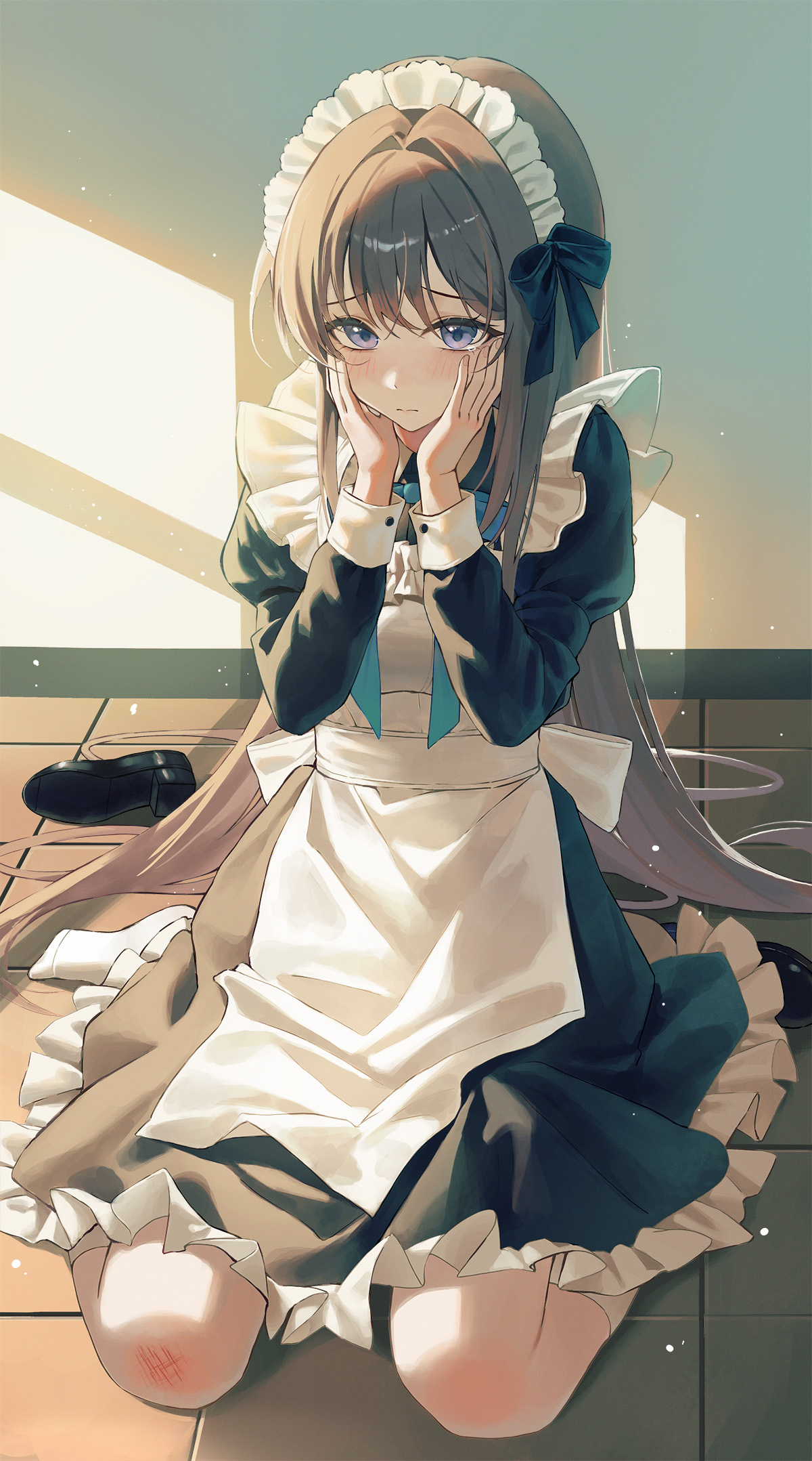 nea (nea 77), original, commentary request, highres, 1girl, apron, black bow, black dress, black shoes, blue eyes, bow, choppy bangs, closed mouth, dress, embarrassed, fallen down, frilled apron, frilled dress, frills, full body, hair bow, hair intakes, hair spread out, hands on own cheeks, hands on own face, hands up, indoors, long hair, long sleeves, looking at viewer, maid, maid apron, maid headdress, on floor, raised inner eyebrows, scraped knee, shoes, sitting, solo, tearing up, tile floor, tiles, unworn shoes, very long hair, wariza, white apron, window shadow