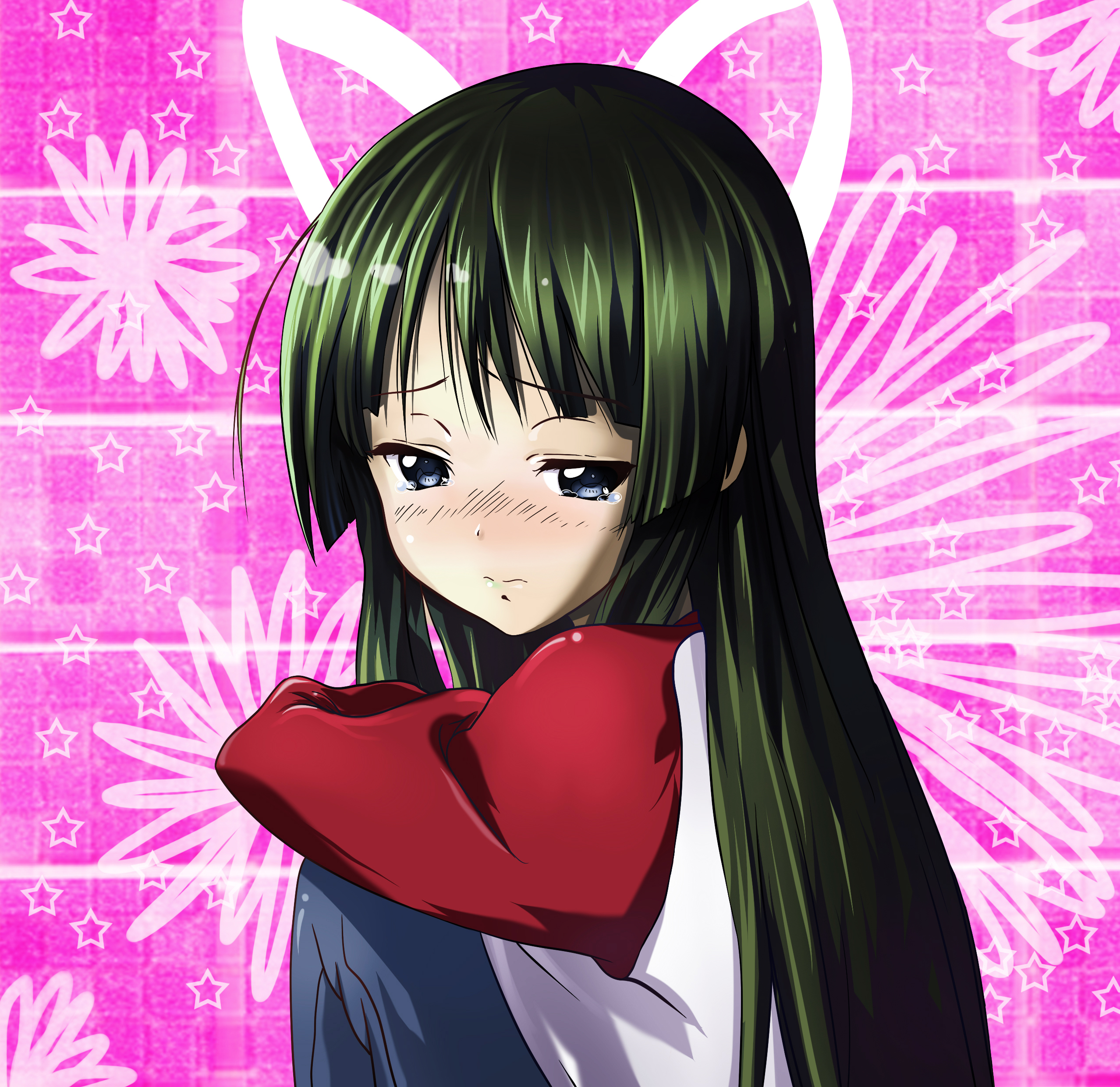 ino satsu, akiyama mio, k-on!, absurdres, highres, 00s, 1girl, blue eyes, female focus, green hair, long hair, sad, sitting, solo, tears