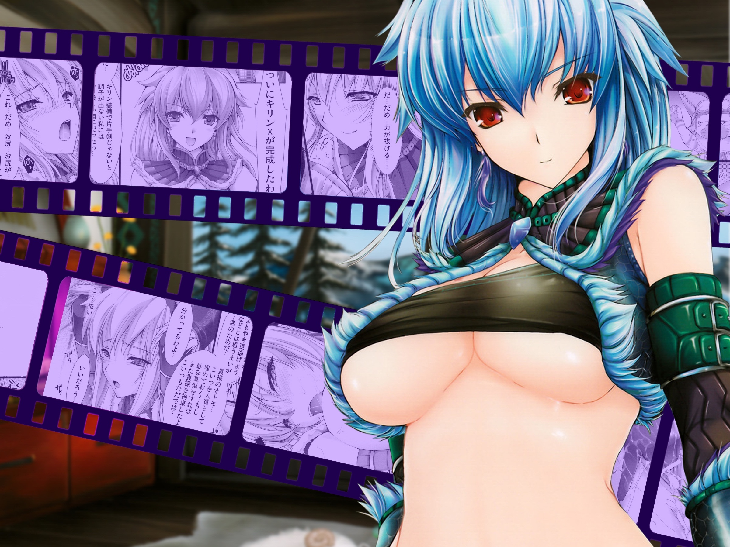 kizuki aruchu, capcom, monster hunter (series), highres, 1girl, bandeau, blue hair, breasts, earrings, jewelry, kirin (armor), large breasts, red eyes, smile, strapless, tube top, underboob