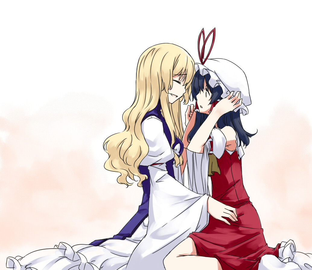 sakuraba yuuki, hakurei reimu, yakumo yukari, touhou, 2girls, black hair, blonde hair, borrowed clothes, closed eyes, couple, dress, face-to-face, female focus, from side, hand on own hip, happy, hat, headwear switch, hip focus, mob cap, multiple girls, no headwear, profile, sitting, smile, unworn hat, unworn headwear, wavy hair, white hat, yuri