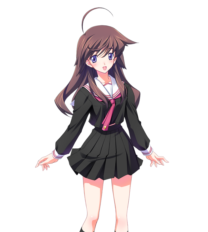 matsuo yukihiro, seira orgel, blood tune, chaos;head, science adventure, shiny eyes, game cg, non-web source, official art, 1girl, ahoge, black serafuku, black shirt, black skirt, black socks, blush, breasts, brown hair, collarbone, cropped shirt, facing viewer, hair over shoulder, high-waist skirt, kneehighs, long hair, long sleeves, looking at viewer, miniskirt, necktie, open mouth, pink necktie, pink trim, pleated skirt, purple eyes, sailor collar, school uniform, seira orgel (pre-transformation), serafuku, shirt, skirt, small breasts, smile, socks, solo, star (symbol), star print, thighs, tongue, transparent background, white sailor collar