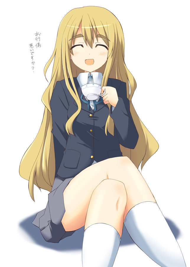kugui kiyunemu, kotobuki tsumugi, k-on!, eyebrows, translated, 00s, 1girl, blazer, blonde hair, closed eyes, crossed legs, cup, female focus, gradient background, happy, jacket, long hair, miniskirt, open mouth, pleated skirt, ribbon, school uniform, simple background, sitting, skirt, smile, socks, solo, teacup, white socks