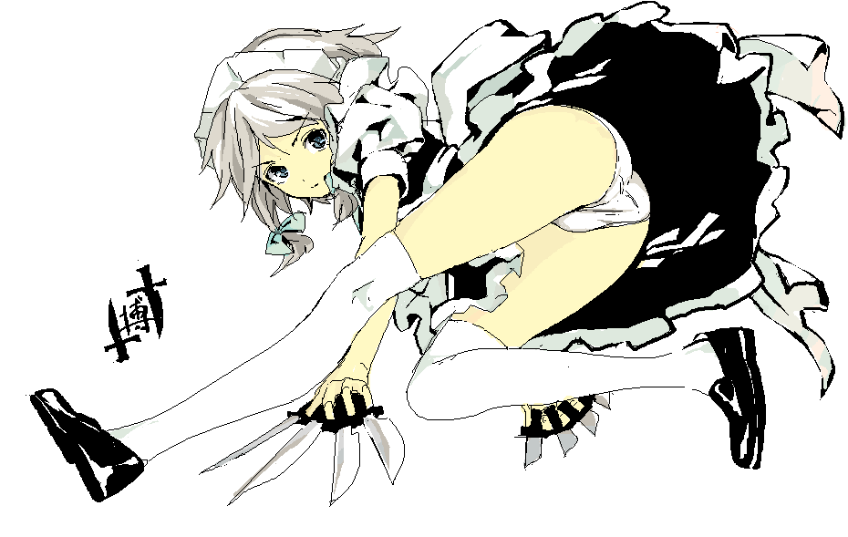 hakuto (artist), hiro (dismaless), izayoi sakuya, touhou, silver hair, 1girl, ass, between fingers, braid, female focus, holding, panties, short hair, simple background, solo, thighhighs, twin braids, underwear, white background, white thighhighs