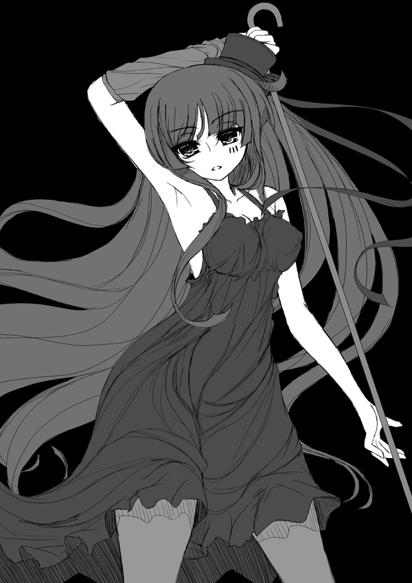 frapowa, akiyama mio, don't say "lazy", k-on!, 00s, 1girl, armpits, female focus, greyscale, hat, mini hat, mini top hat, monochrome, pantyhose, solo, top hat