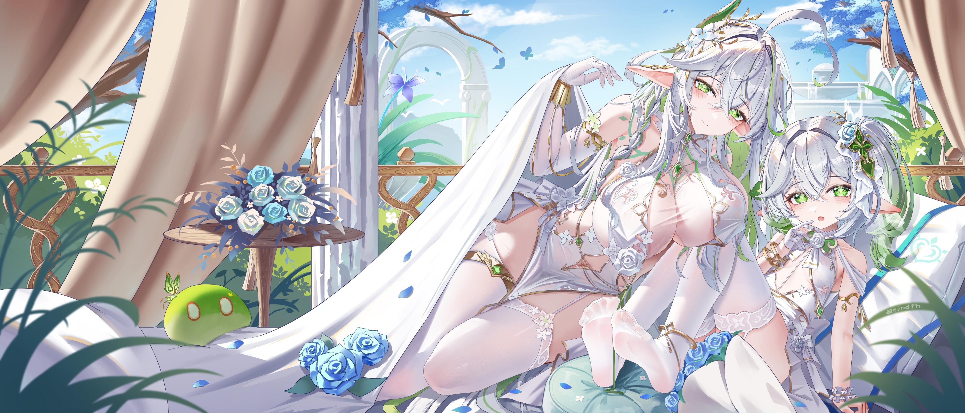 jndfh, dendro slime (genshin impact), nahida (genshin impact), rukkhadevata (genshin impact), slime (genshin impact), genshin impact, absurdres, chinese commentary, commentary request, highres, 2girls, ahoge, alternate breast size (larger), bare shoulders, blue flower, blush, bracelet, braid, breasts, cleavage, closed mouth, clothing cutout, collarbone, day, dress, elbow gloves, flower, garter straps, gloves, gradient hair, green eyes, green hair, hair between eyes, hair flower, hair ornament, hand up, jewelry, large breasts, leaf hair ornament, long hair, looking at viewer, multicolored hair, multiple girls, navel, navel cutout, open mouth, pelvic curtain, pointy ears, side ponytail, sitting, small breasts, smile, symbol-shaped pupils, table, thighhighs, thighlet, very long hair, white dress, white garter straps, white gloves, white hair, white thighhighs
