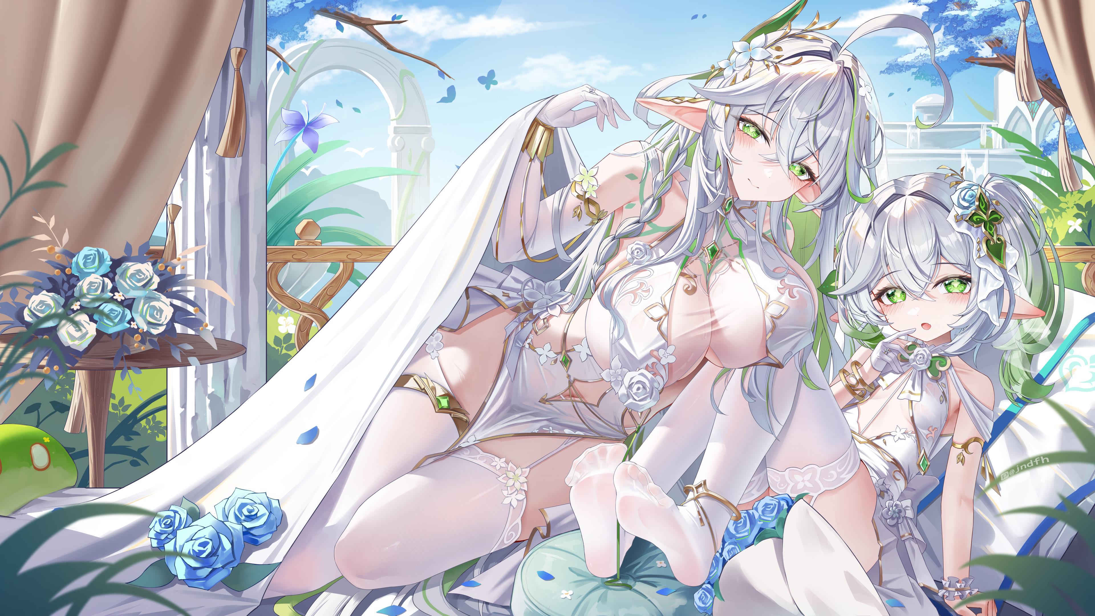 jndfh, dendro slime (genshin impact), nahida (genshin impact), rukkhadevata (genshin impact), slime (genshin impact), genshin impact, absurdres, chinese commentary, commentary request, highres, 2girls, ahoge, alternate breast size (larger), bare shoulders, blue flower, blush, bracelet, braid, breasts, cleavage, closed mouth, clothing cutout, collarbone, day, dress, elbow gloves, flower, garter straps, gloves, gradient hair, green eyes, green hair, hair between eyes, hair flower, hair ornament, hand up, jewelry, large breasts, leaf hair ornament, long hair, looking at viewer, multicolored hair, multiple girls, navel, navel cutout, open mouth, pelvic curtain, pointy ears, side ponytail, sitting, small breasts, smile, symbol-shaped pupils, table, thighhighs, thighlet, very long hair, white dress, white garter straps, white gloves, white hair, white thighhighs