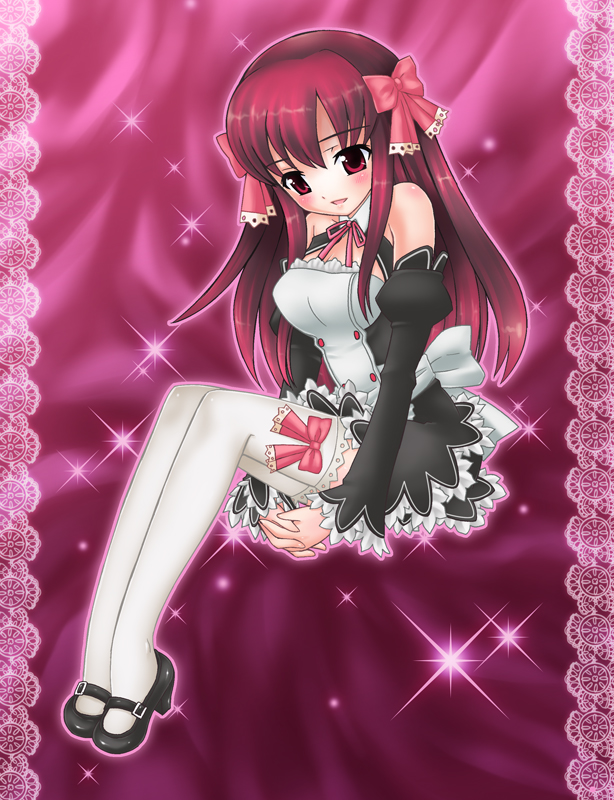 ayano rena, amane (dream c club), dream c club, dream c club (series), blush, bow, hair bow, mary janes, shoes, solo, thighhighs, waitress, zettai ryouiki