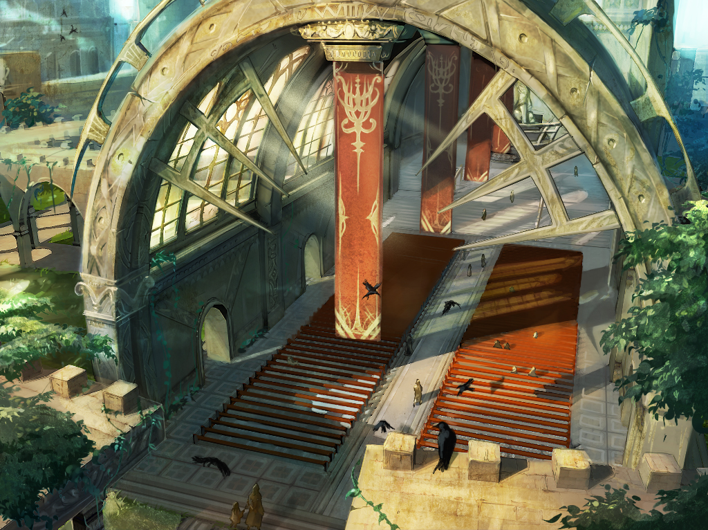 hage2013, futari to ippiki no tabi, original, light, bad id, bad pixiv id, 1boy, 1girl, arch, banner, bench, bird, building, cityscape, cloud, crow, dog, garden, landscape, light rays, outdoors, overgrown, plant, scenery, sky, skylight, sunbeam, sunlight, tree, very wide shot, vines