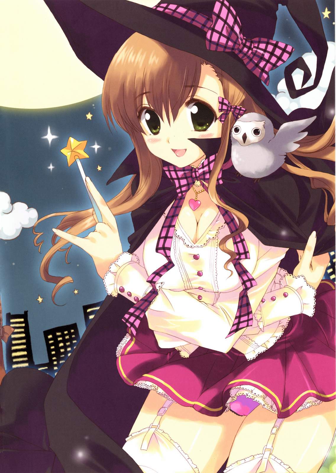 qp:flapper, highres, 1girl, animal, animal on shoulder, bird, bird on shoulder, breasts, brown hair, cleavage, female focus, garter straps, green eyes, hat, outdoors, owl, solo, thighhighs, witch hat