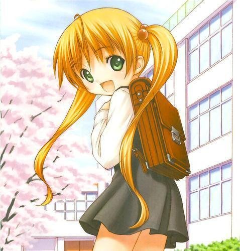 inou shin, character request, lowres, source request, blonde hair, blush, green eyes, happy, long hair, outdoors, sky, tree, twintails