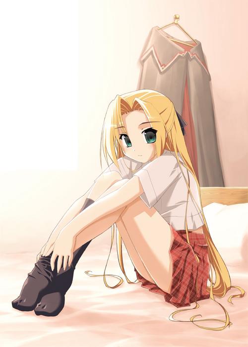 artist request, character request, source request, bed, blonde hair, blush, cloak, dressing, green eyes, hair ribbon, long hair, ribbon, school uniform, smile, socks, very long hair