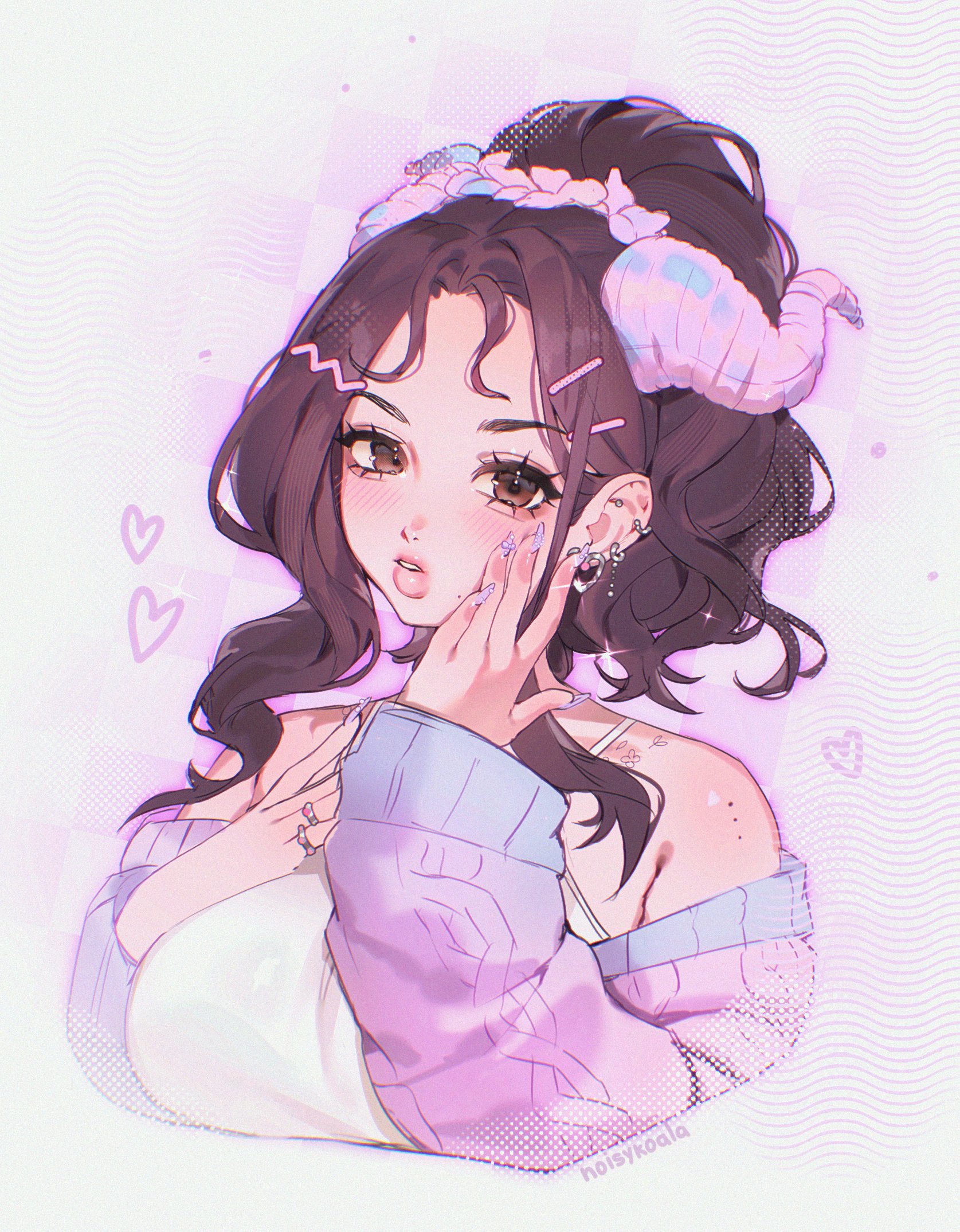 noisykoala, original, commentary, commission, english commentary, highres, 1girl, aegyo sal, artist name, blue cardigan, blurry, border, breasts, brown eyes, brown hair, camisole, cardigan, checkered background, collarbone tattoo, cropped torso, depth of field, dragon horns, ear piercing, earrings, eyelashes, fading border, film grain, fingernails, flower, flower tattoo, forehead, gem-studded nails, hair flower, hair ornament, halftone, hand on own cheek, hand on own chest, hand on own face, heart, heart earrings, high ponytail, horns, jewelry, large breasts, light blush, long fingernails, medium hair, mole, mole on cheek, mole on shoulder, multiple moles, nail ornament, off-shoulder cardigan, outer glow, outline, parted bangs, parted lips, piercing, ponytail, purple background, purple cardigan, purple flower, purple horns, purple nails, purple outline, ring, shoulder blush, silver earrings, single sidelock, sketch, tattoo, teeth, thick eyebrows, thick lips, two-tone cardigan, wavy hair, wavy sidelocks, white camisole