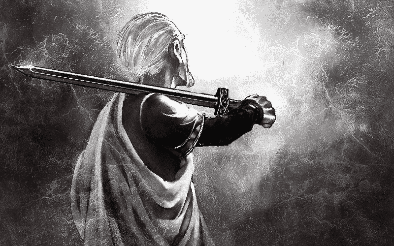 inago senro, askeladd, vinland saga, bad id, bad pixiv id, 1boy, back, brown theme, gradient background, male focus, manly, monochrome, solo, sword, weapon, white background