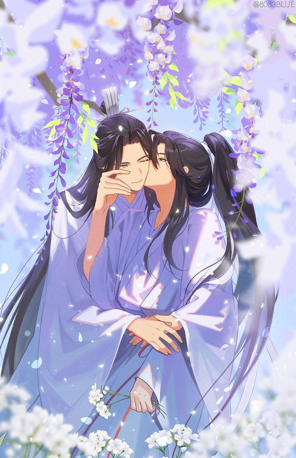 8083 blue, lan wangji, wei wuxian, modao zushi, commentary request, highres, 2boys, black hair, chinese clothes, flower, hanfu, holding, holding flower, kiss, kissing cheek, long hair, long sleeves, male focus, multiple boys, petals, ponytail, purple flower, smile, very long hair, white flower, white hanfu, wide sleeves, wisteria, yaoi